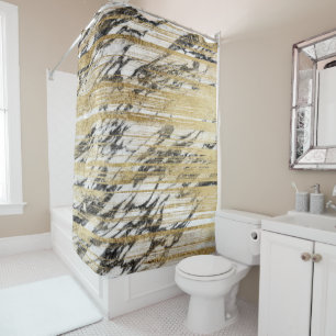 Chic Gold Brushstrokes on Black White Marble