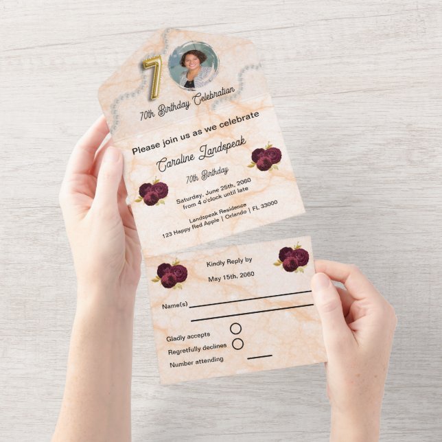 Chic Gold & Burgundy Roses 70th Birthday  All In One Invitation (Tearaway)