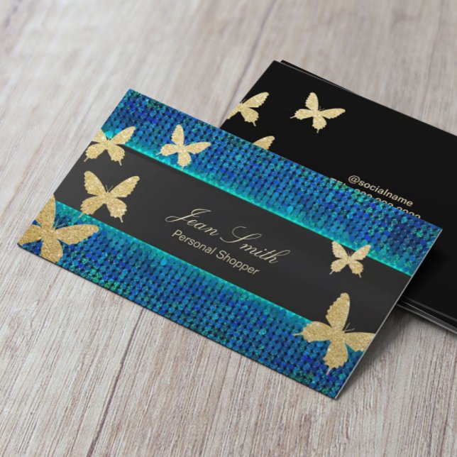 Chic Gold Butterflies Teal & Blue Personal Shopper Business Card (Creator Uploaded)