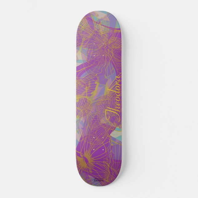 Chic Gold Butterfly Aqua Violet Pattern Skateboard (Front)