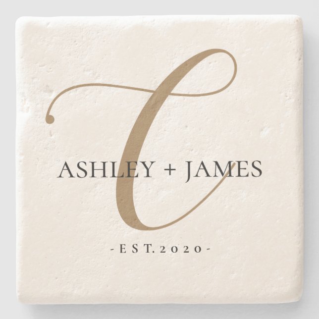  Chic Gold C Monogram Script Name Wedding Date Stone Coaster (Front)
