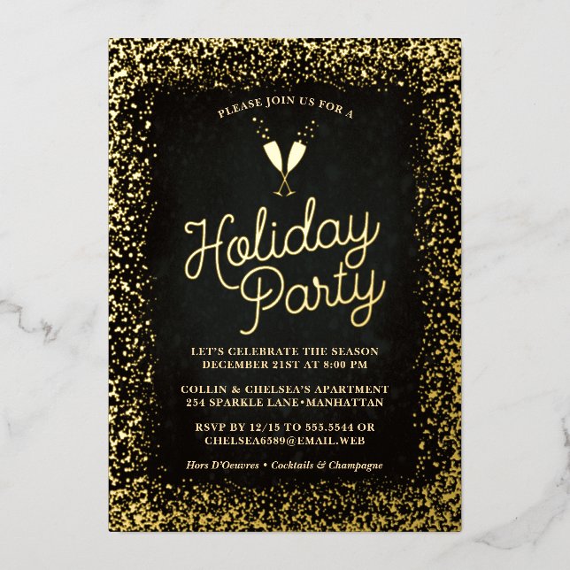 Chic Gold Champagne Glasses Holiday Party (Front)