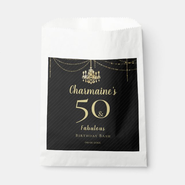 Chic Gold Chandelier 50 & Fabulous Black Birthday Favour Bag (Front)