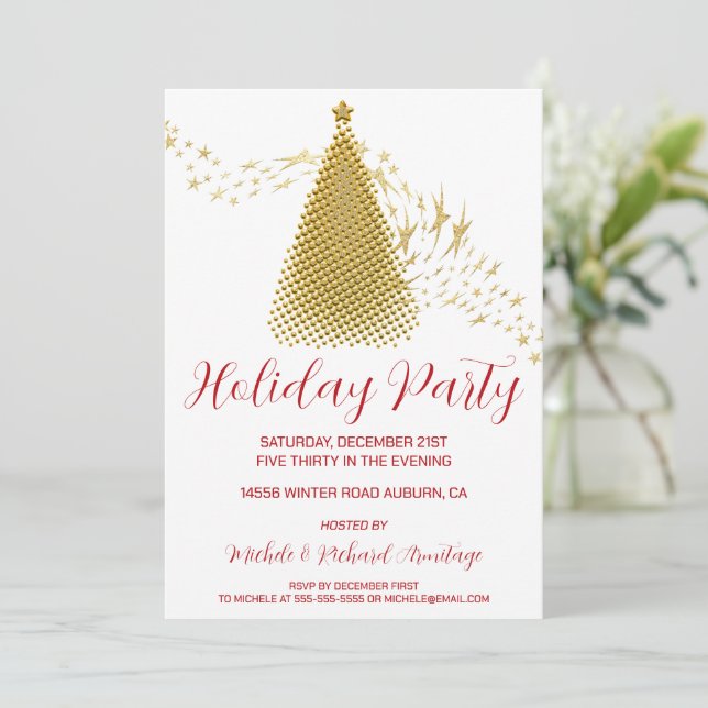 Chic Gold Christmas Tree Fête Invitation (Debout devant)