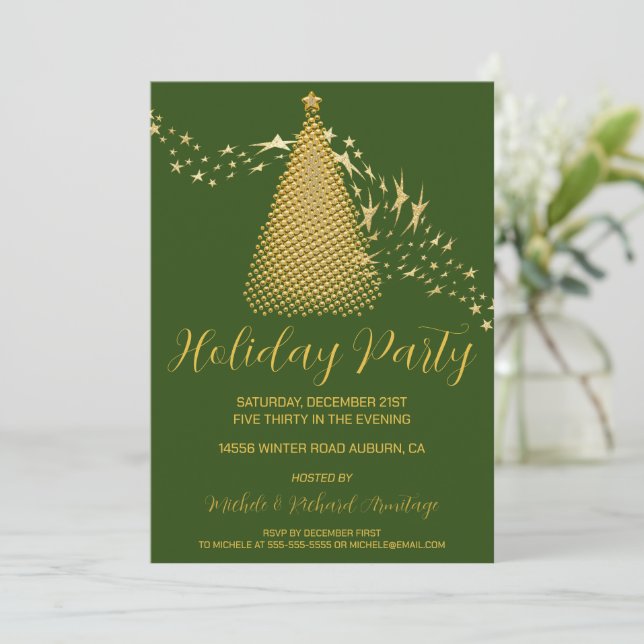 Chic Gold Christmas Tree Holiday Party Invitation (Standing Front)