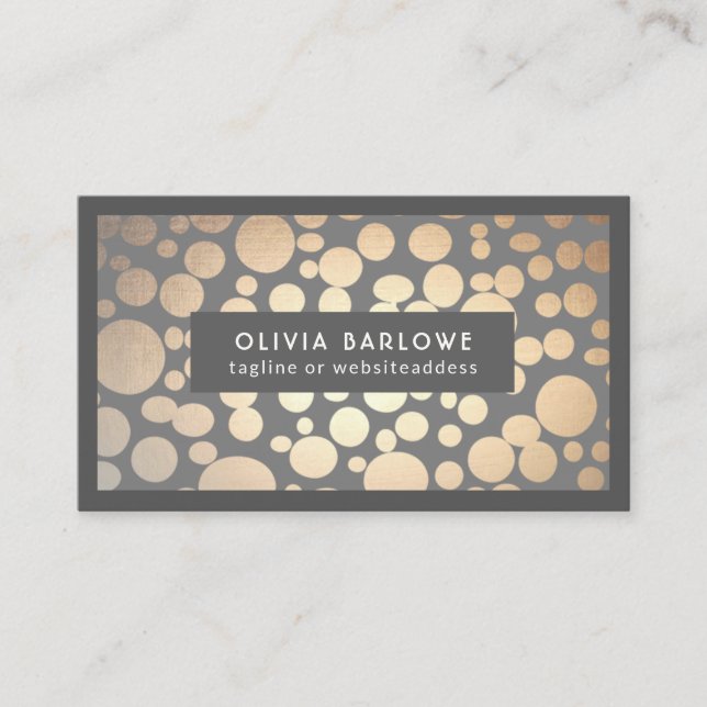Chic Gold Circles Grey Trendy Designer Business Card (Front)