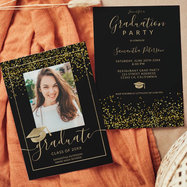 Chic gold confetti black typography graduation invitation (Creator Uploaded)