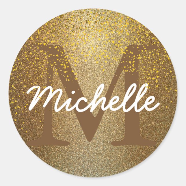 Chic Gold Confetti Monogram Name Round Sticker (Front)