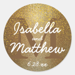 Chic Gold Confetti Monogramme Nom Sticker Mariage