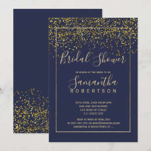Chic gold confetti navy blue script bridal shower invitation