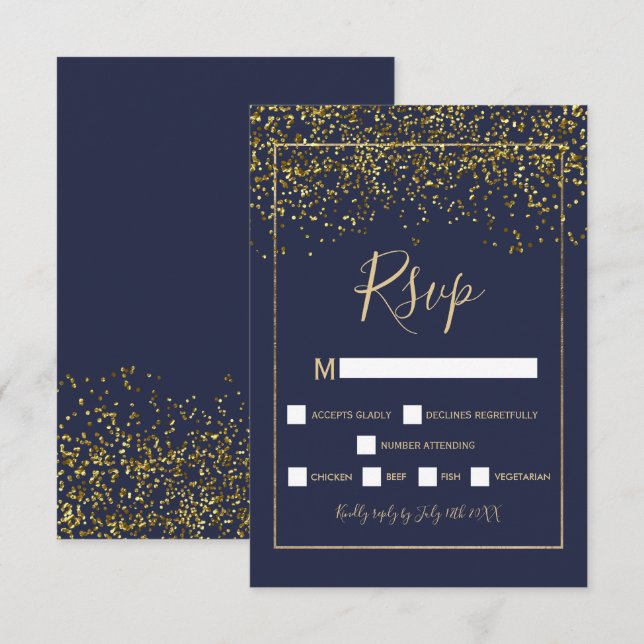 Chic gold confetti navy blue typography rsvp card (Front/Back)