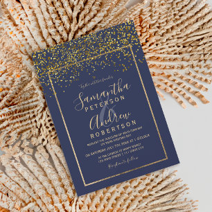 Chic gold confetti navy blue typography wedding invitation
