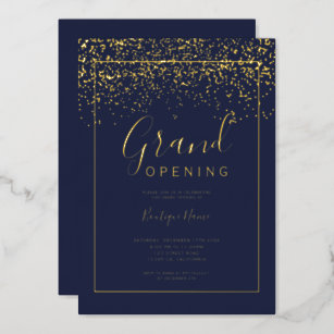 Chic gold confetti navy typography grand opening