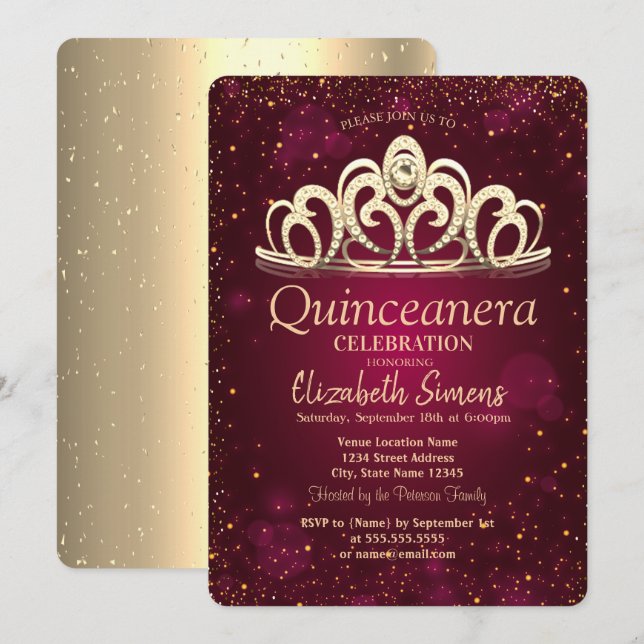 Chic Gold Confetti Tiara Burgundy Quinceañera   Invitation (Front/Back)