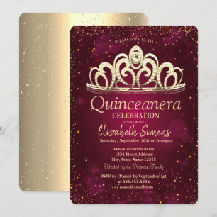 Chic Gold Confetti Tiara Burgundy Quinceañera   Invitation