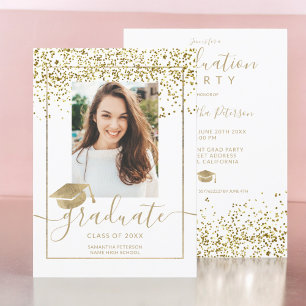 Chic gold confetti white typography graduation invitation