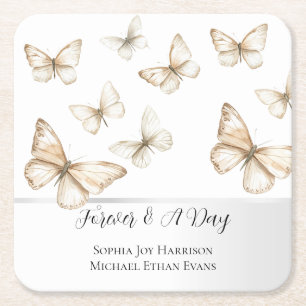 Chic Gold Cream White Butterflies Wedding Square Paper Coaster