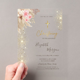 Chic Gold Cross Baptism Gold Glitter Boho Flowers Acrylic Invitations