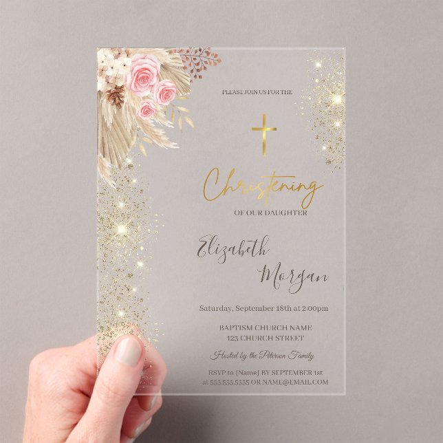 Chic Gold Cross Baptism Gold Glitter Boho Flowers Acrylic Invitations (Insitu (Handheld))