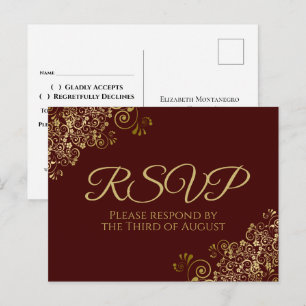 Chic Gold Curls & Swirls on Auburn Wedding RSVP Postcard