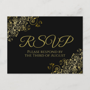 Chic Gold Curls & Swirls on Black Wedding RSVP Postcard