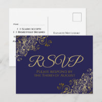 Chic Gold Curls & Swirls on Navy Wedding RSVP