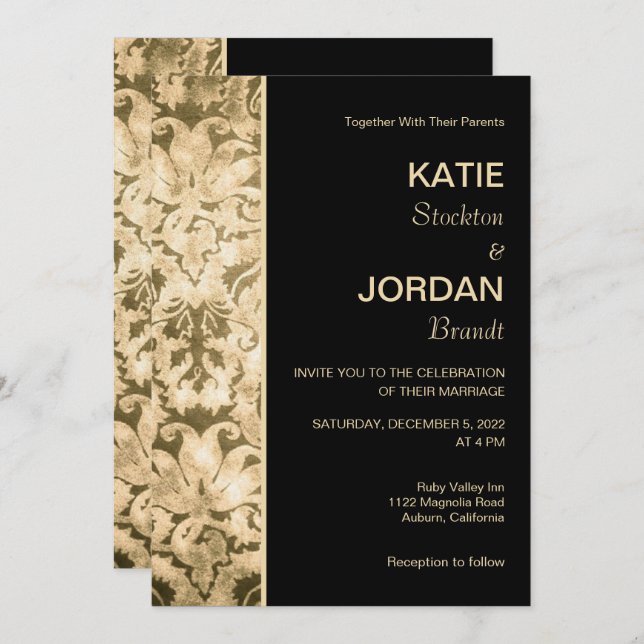 Chic Gold Damask Wedding Invitation (Front/Back)