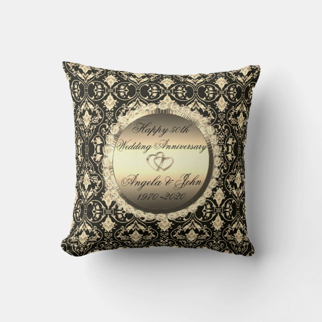 Chic Gold Diamonds Damask 50th Wedding Anniversary Throw Pillow (Front)