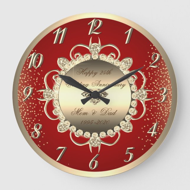 Chic Gold Diamonds Red 25th Wedding Anniversary Large Clock (Front)