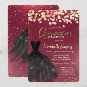 Chic Gold Dots,Black Dress Burgundy Quinceañera  Invitation