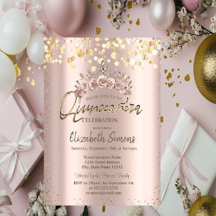 Chic Gold Dots, Floral Tiara Quinceañera  Invitation