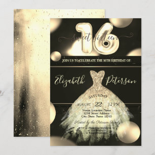 Chic Gold Dress Confetti Dots Sweet 16 Invitation