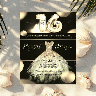 Chic Gold Dress Confetti Dots Sweet 16 Invitation