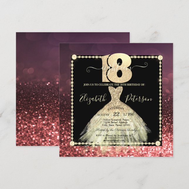 Chic Gold Dress Glitter Burgundy 18th Birthday Invitation (Front/Back)