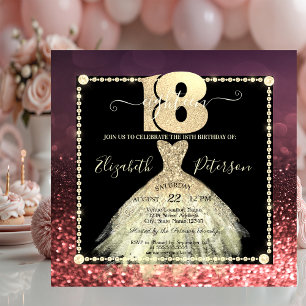 Chic Gold Dress Glitter Burgundy 18th Birthday Invitation