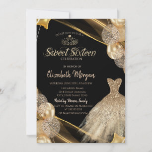 Chic  Gold Dress Tiara Balloons Sweet 16 Invitation