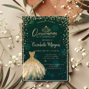 Chic Gold Dress Tiara,Diamonds Green Quinceañera Invitation