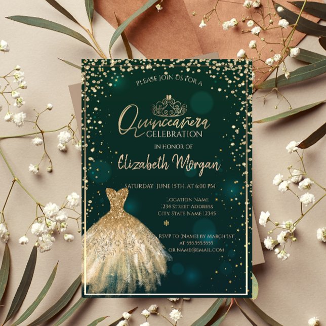 Chic Gold Dress Tiara,Diamonds Green Quinceañera  Invitation (Creator Uploaded)