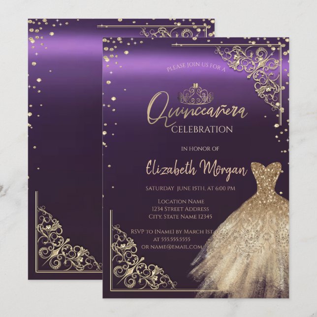 Chic Gold Dress Tiara,Diamonds Purple Quinceañera Invitation (Front/Back)