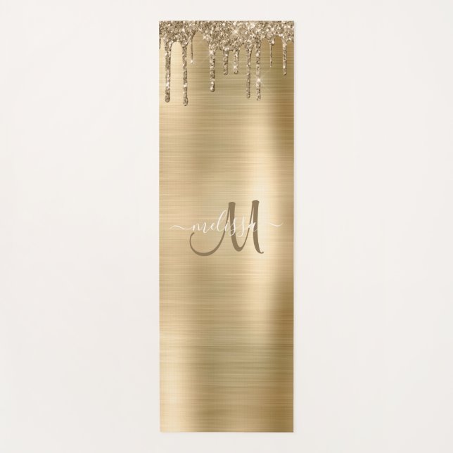 Chic Gold Dripping Glitter Brush Metal Monogram Yoga Mat (Front)