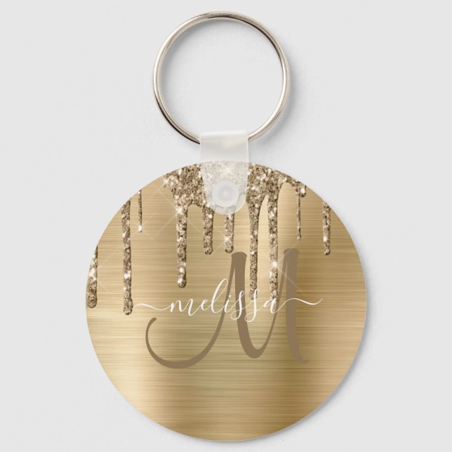 Chic Gold Dripping Glitter Brushed Metal Monogram Keychain (Front)