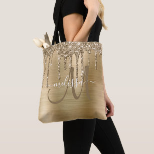 Chic Gold Dripping Glitter Brushed Metal Monogram Tote Bag