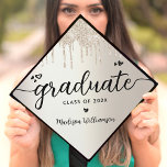 Chic Gold Dripping Glitter Modern Script Hearts Graduation Cap Topper<br><div class="desc">Your favourite grad will stand out and make a statement when they wear this graduation cap topper! Let them celebrate their milestone with this girly, stunning, simple, modern, custom graduation keepsake. A fun, playful visual of black script handwriting and cute, playful hearts, along with her name and class year, overlay...</div>