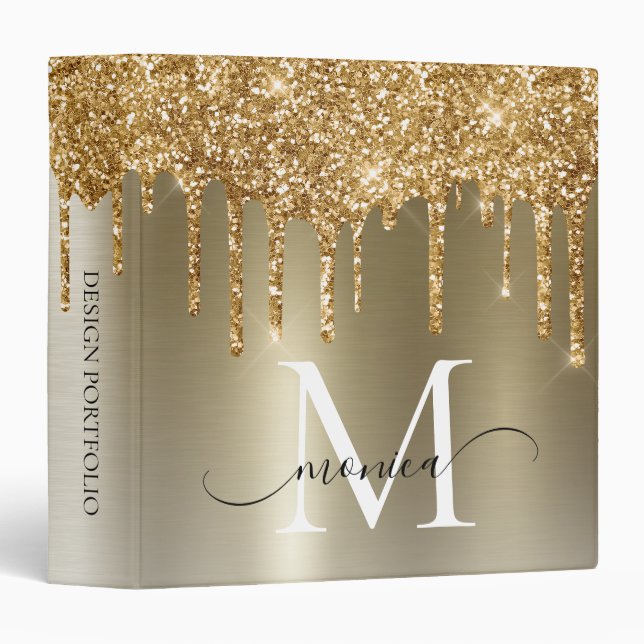 Chic Gold Dripping Glitter Monogram Name Binder (Front/Spine)