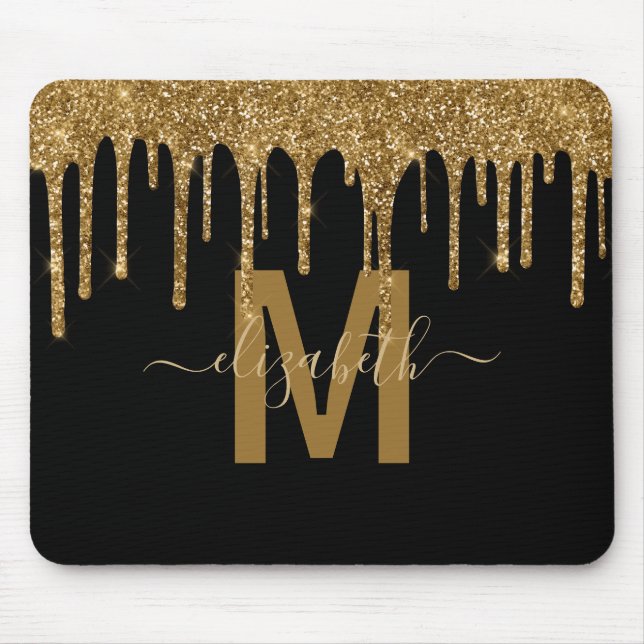 Chic Gold Dripping Glitter Monogram Name Mouse Pad (Front)