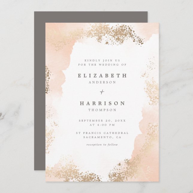 Chic Gold Dust & Blush Watercolor Wedding Invitation (Front/Back)