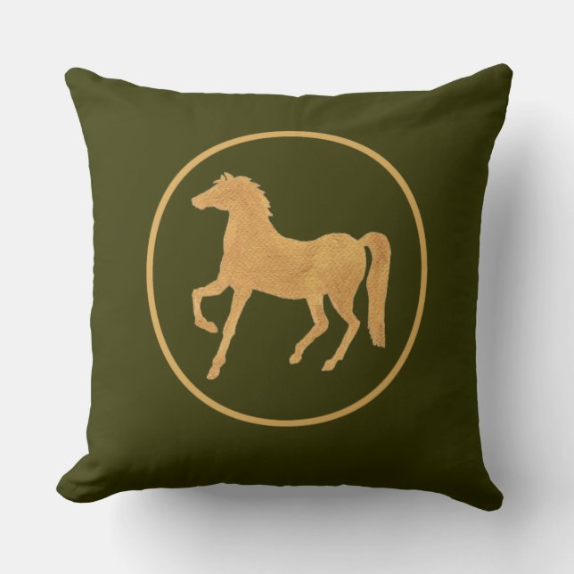 Chic Gold-effect Horse on Dark Mossy Green Throw Pillow (Front)