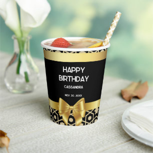 Chic Gold Egypt Geometric Gold Bow Happy Birthday Paper Cups