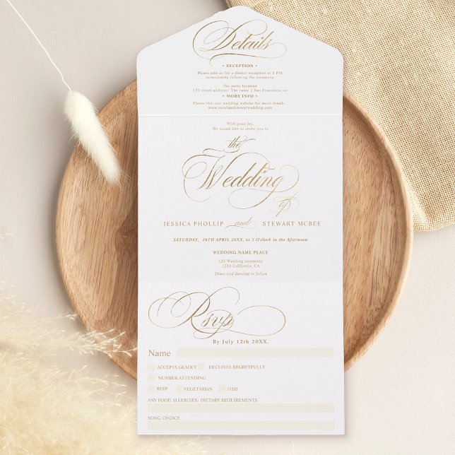 Chic gold elegant script calligraphy wedding all in one invitation (Creator Uploaded)