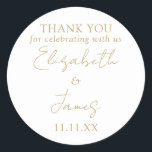 Chic Gold Elegant Script Wedding Thank You Classic Round Sticker<br><div class="desc">This gold minimalist elegant script wedding thank you sticker can be personalized with your information in chic typography. Designed by Thisisnotme©</div>